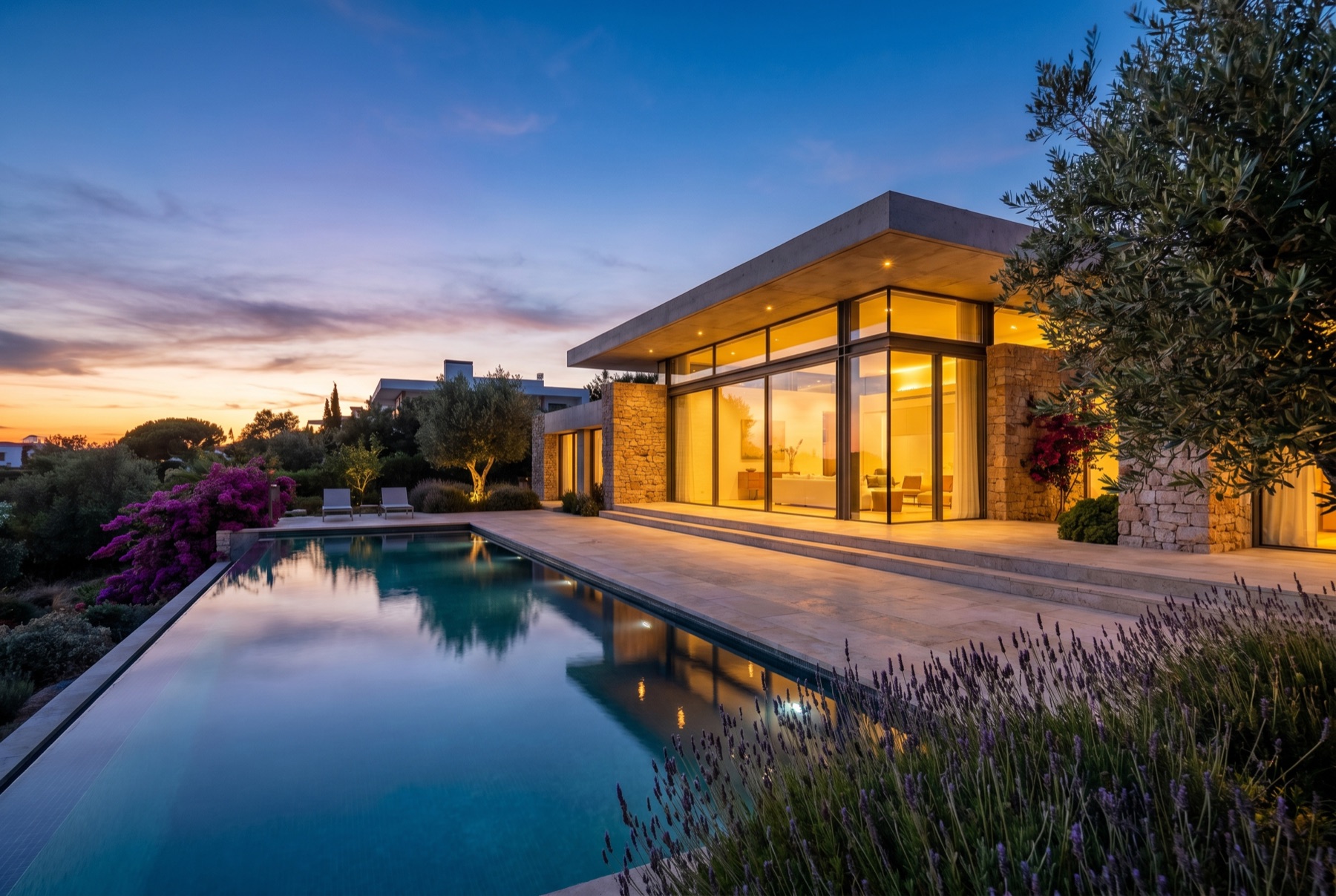 A contemporary luxury villa in Portugal at dusk