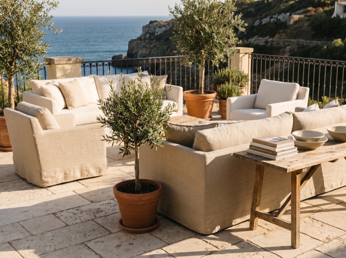 A sunny terrace of a Portuguese home with a sea view